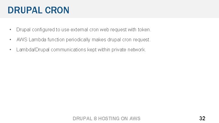 DRUPAL CRON • Drupal configured to use external cron web request with token. •