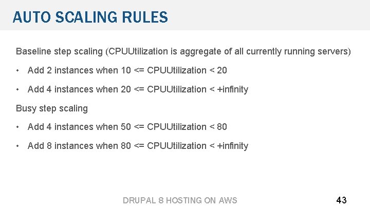 AUTO SCALING RULES Baseline step scaling (CPUUtilization is aggregate of all currently running servers)