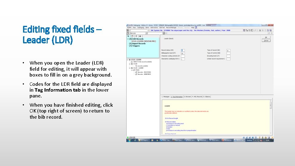 Editing fixed fields – Leader (LDR) • When you open the Leader (LDR) field