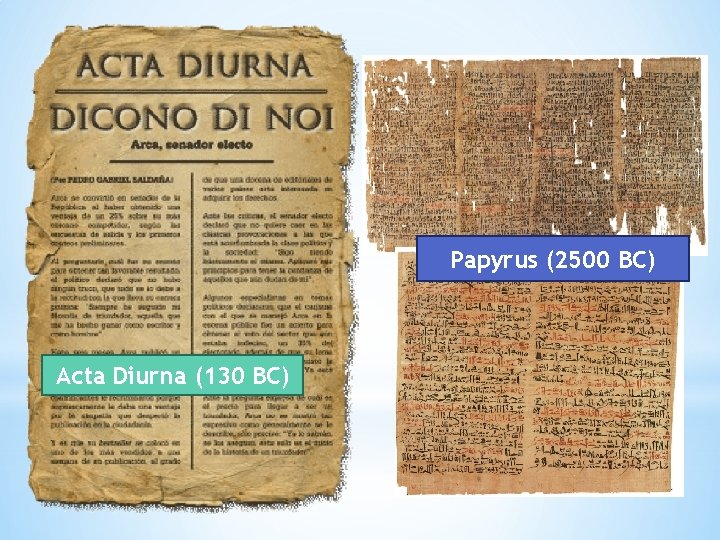 Papyrus (2500 BC) Acta Diurna (130 BC) 