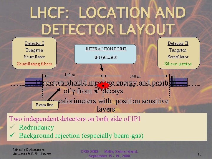 LHCF: LOCATION AND DETECTOR LAYOUT Detector I Tungsten Scintillator Scintillating fibers Detector II Tungsten