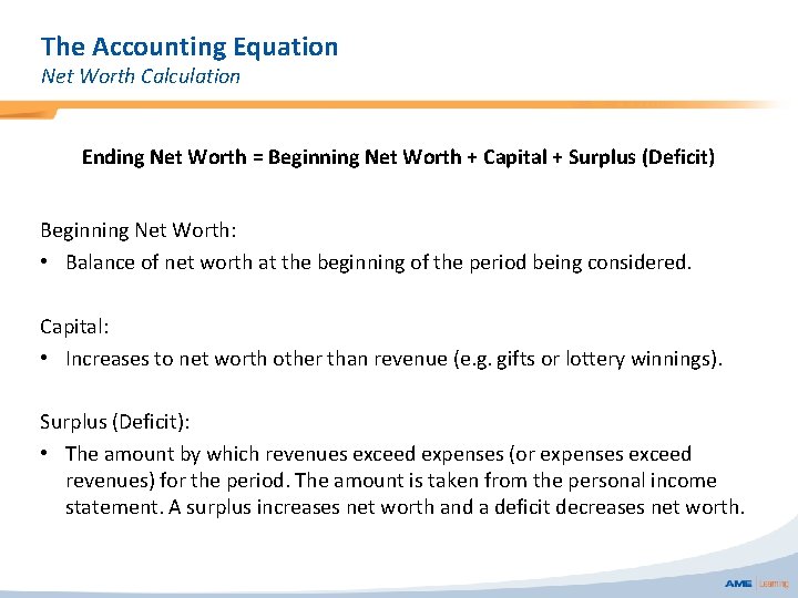 The Accounting Equation Net Worth Calculation Ending Net Worth = Beginning Net Worth +