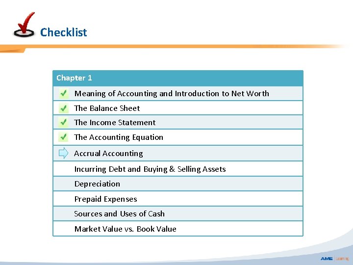 Checklist Chapter 1 Meaning of Accounting and Introduction to Net Worth The Balance Sheet
