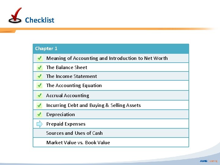 Checklist Chapter 1 Meaning of Accounting and Introduction to Net Worth The Balance Sheet