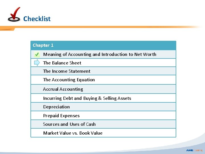 Checklist Chapter 1 Meaning of Accounting and Introduction to Net Worth The Balance Sheet