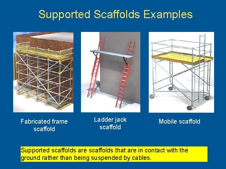 Supported Scaffolds Examples Fabricated frame scaffold Ladder jack scaffold Mobile scaffold Supported scaffolds are