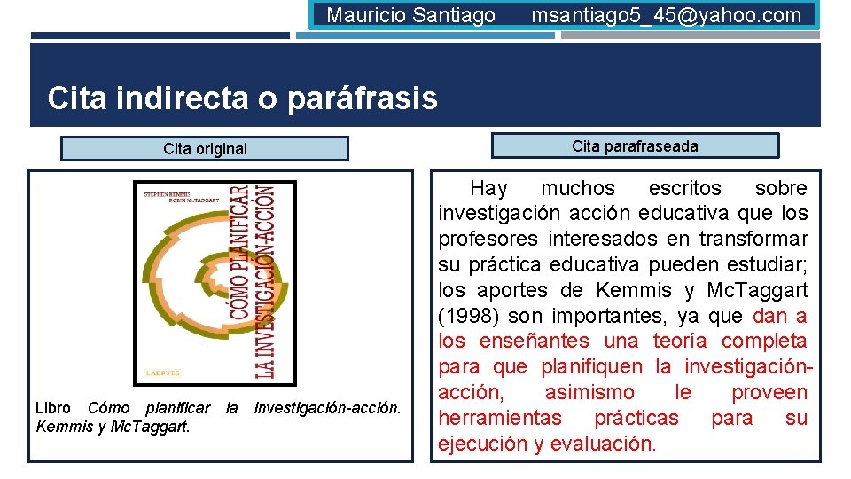 Mauricio Santiago msantiago 5_45@yahoo. com Cita indirecta o paráfrasis Cita original Libro Cómo planificar