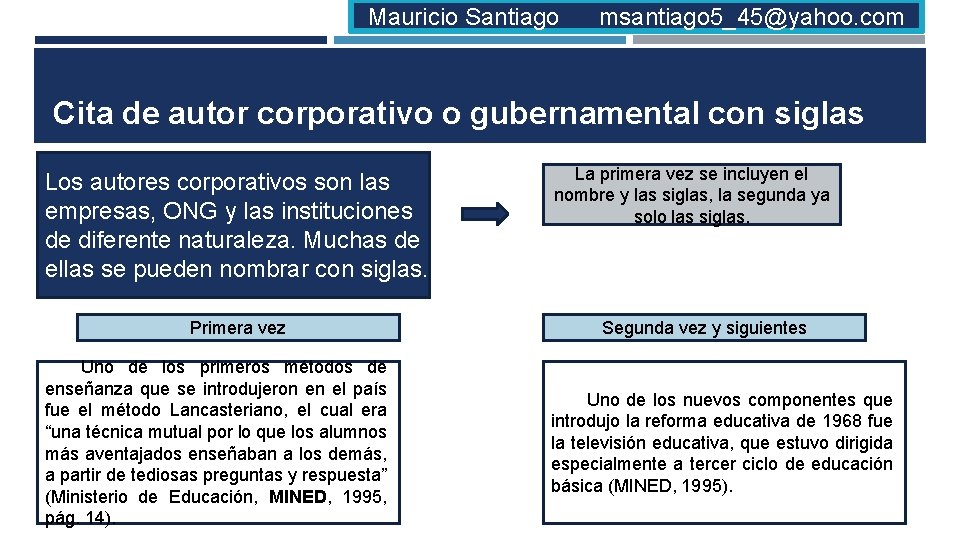 Mauricio Santiago msantiago 5_45@yahoo. com Cita de autor corporativo o gubernamental con siglas Los