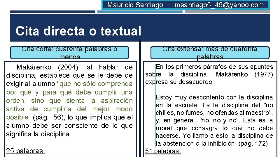 Mauricio Santiago msantiago 5_45@yahoo. com Cita directa o textual Cita corta: cuarenta palabras o