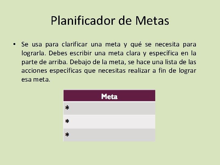 Planificador de Metas • Se usa para clarificar una meta y qué se necesita