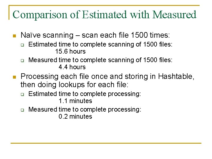 Comparison of Estimated with Measured n Naïve scanning – scan each file 1500 times: