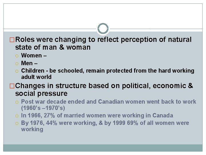 �Roles were changing to reflect perception of natural state of man & woman Women �Roles were changing to reflect perception of natural state of man & woman Women