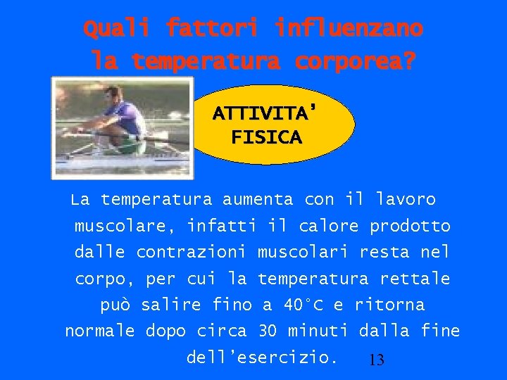 Quali fattori influenzano la temperatura corporea? ATTIVITA’ FISICA La temperatura aumenta con il lavoro