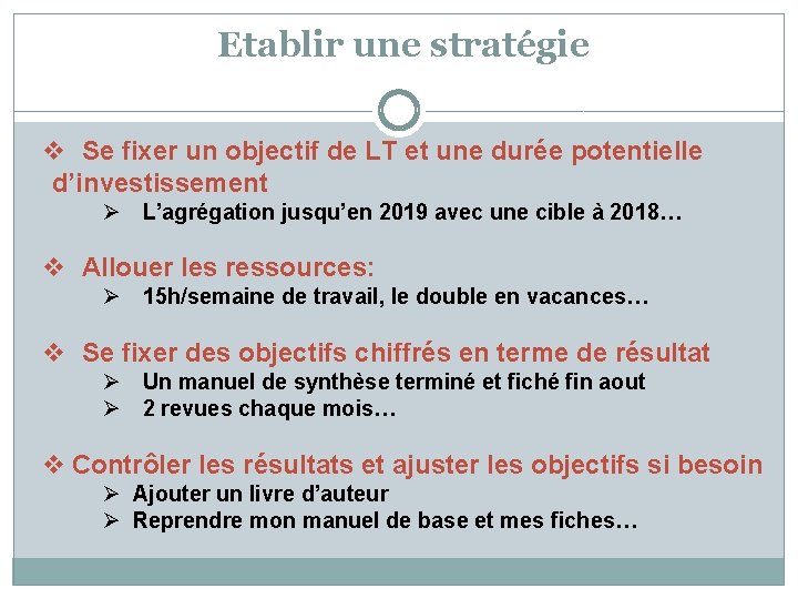 Etablir une stratégie v Se fixer un objectif de LT et une durée potentielle