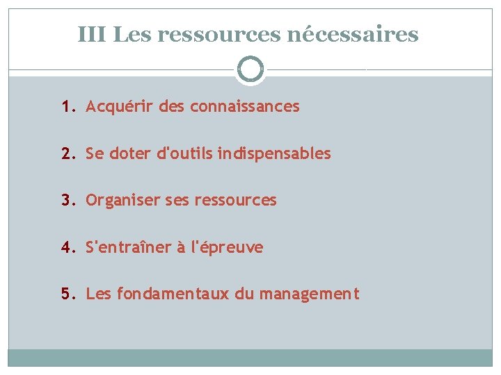 III Les ressources nécessaires 1. Acquérir des connaissances 2. Se doter d'outils indispensables 3.