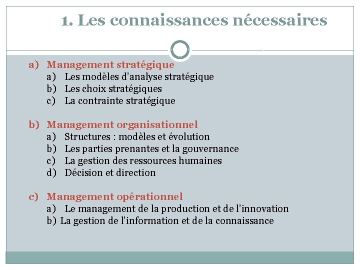 1. Les connaissances nécessaires a) Management stratégique a) Les modèles d’analyse stratégique b) Les