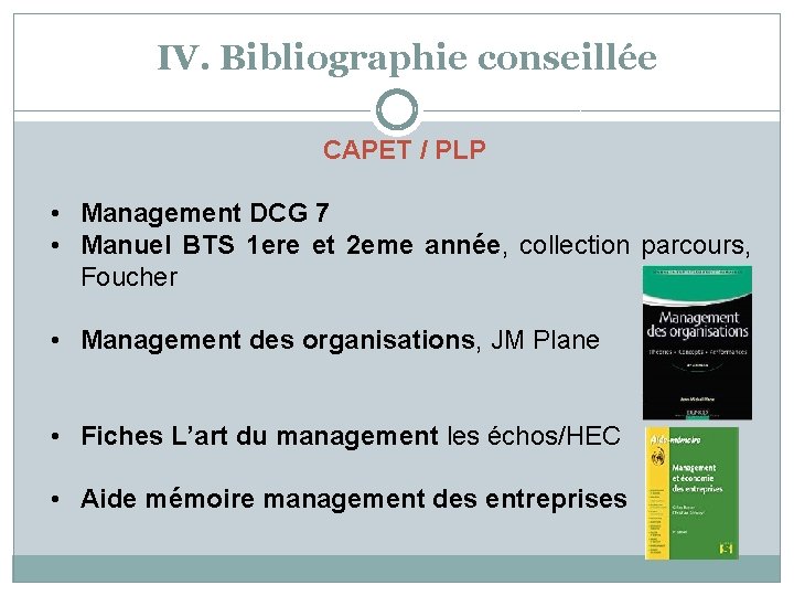 IV. Bibliographie conseillée CAPET / PLP • Management DCG 7 • Manuel BTS 1