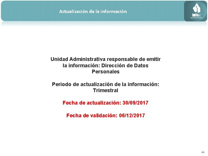 Actualización de la información Unidad Administrativa responsable de emitir la información: Dirección de Datos