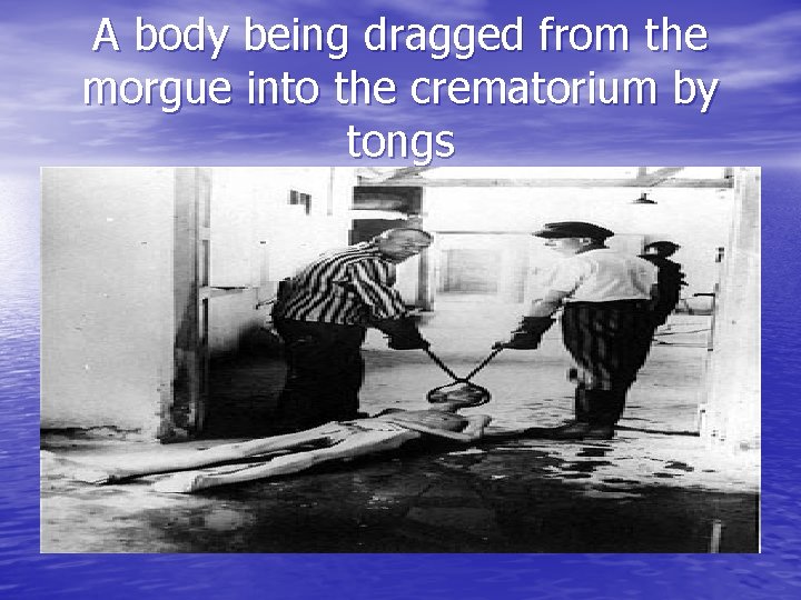 A body being dragged from the morgue into the crematorium by tongs 