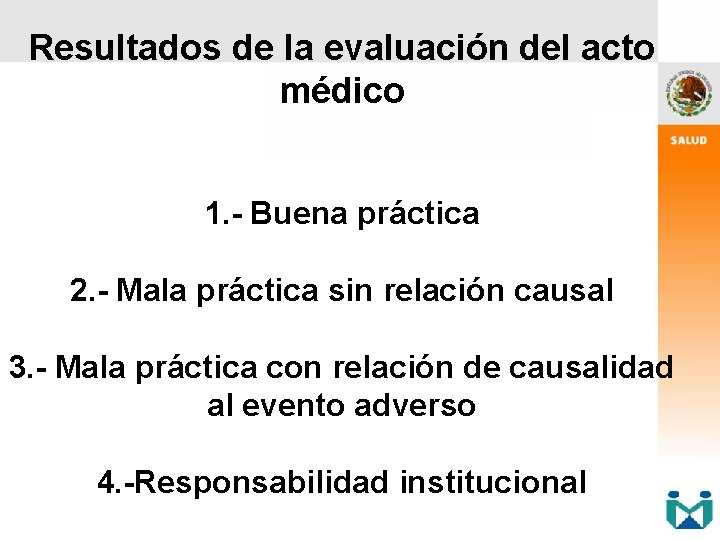 Resultados de la evaluación del acto médico 1. - Buena práctica 2. - Mala