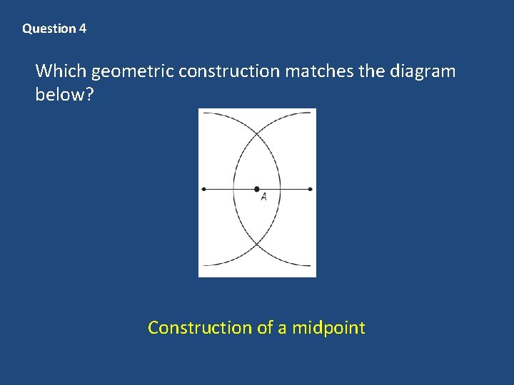 Question 4 Which geometric construction matches the diagram below? Construction of a midpoint 