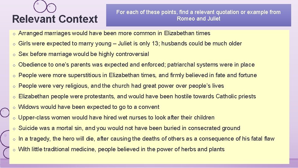 Relevant Context For each of these points, find a relevant quotation or example from