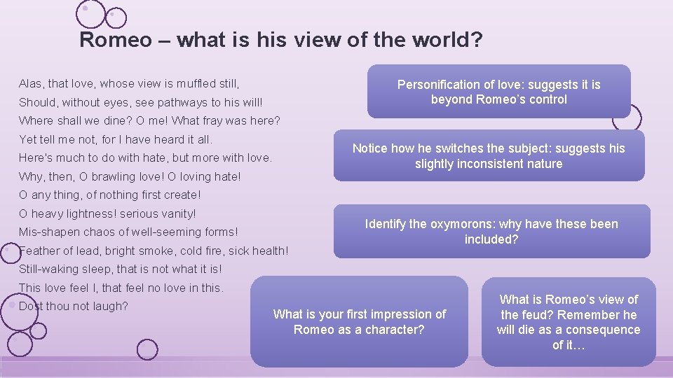 Romeo – what is his view of the world? Alas, that love, whose view