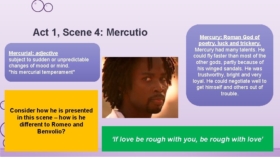 Act 1, Scene 4: Mercutio Mercurial: adjective subject to sudden or unpredictable changes of