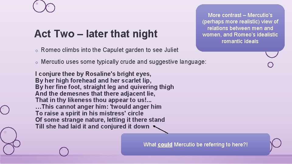 Act Two – later that night More contrast – Mercutio’s (perhaps more realistic) view