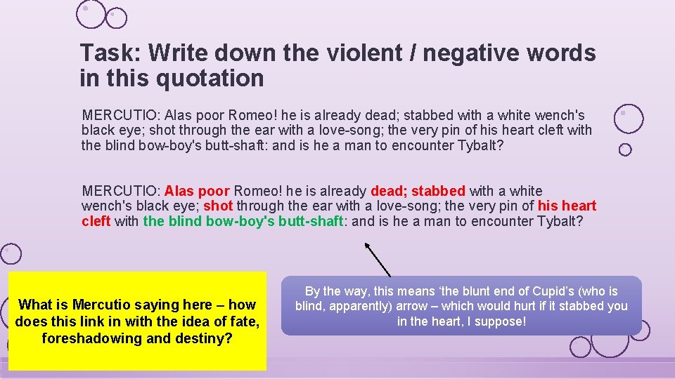 Task: Write down the violent / negative words in this quotation MERCUTIO: Alas poor