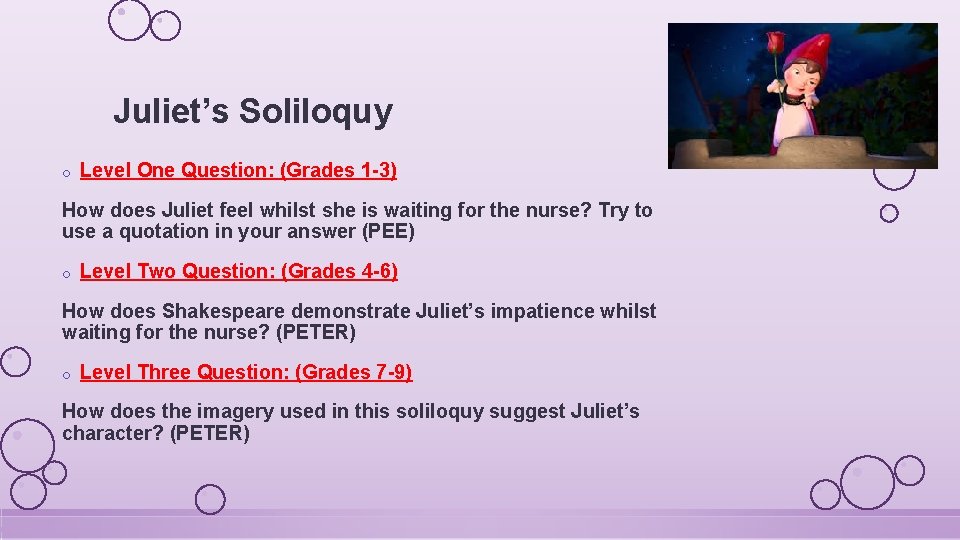 Juliet’s Soliloquy o Level One Question: (Grades 1 -3) How does Juliet feel whilst