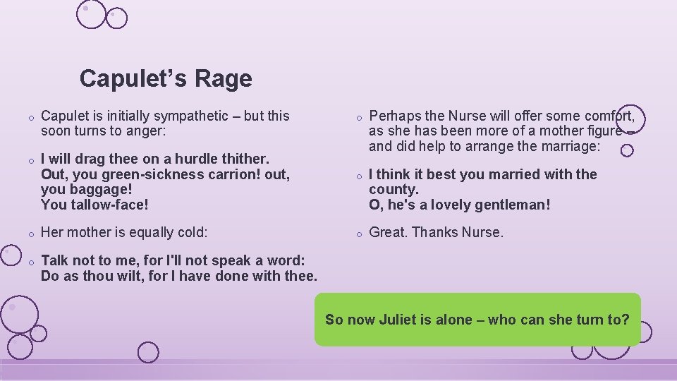 Capulet’s Rage o Capulet is initially sympathetic – but this soon turns to anger: