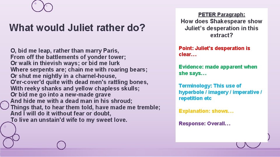 PETER Paragraph: What would Juliet rather do? O, bid me leap, rather than marry