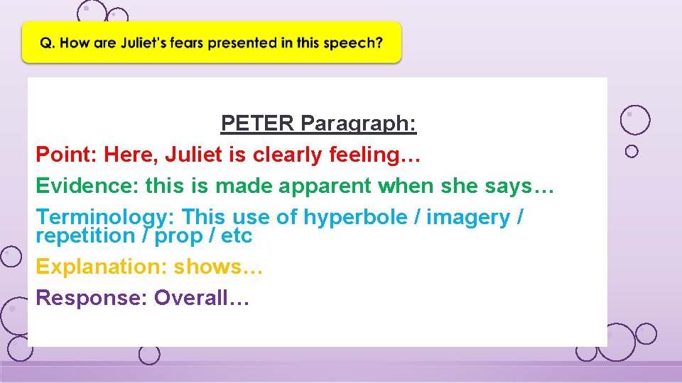 PETER Paragraph: Point: Here, Juliet is clearly feeling… Evidence: this is made apparent when