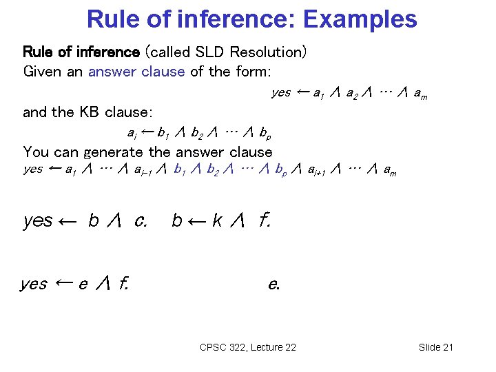 Rule of inference: Examples Rule of inference (called SLD Resolution) Given an answer clause