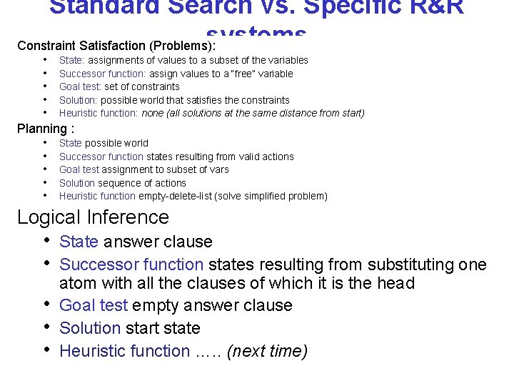 Standard Search vs. Specific R&R systems Constraint Satisfaction (Problems): • State: assignments of values