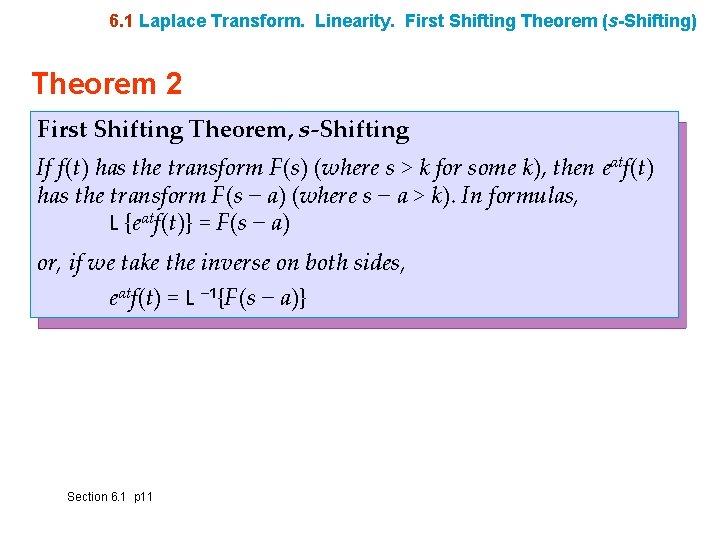 6. 1 Laplace Transform. Linearity. First Shifting Theorem (s-Shifting) Theorem 2 First Shifting Theorem,