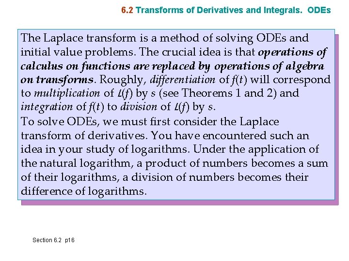6. 2 Transforms of Derivatives and Integrals. ODEs The Laplace transform is a method
