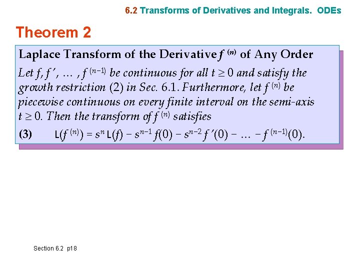 6. 2 Transforms of Derivatives and Integrals. ODEs Theorem 2 Laplace Transform of the