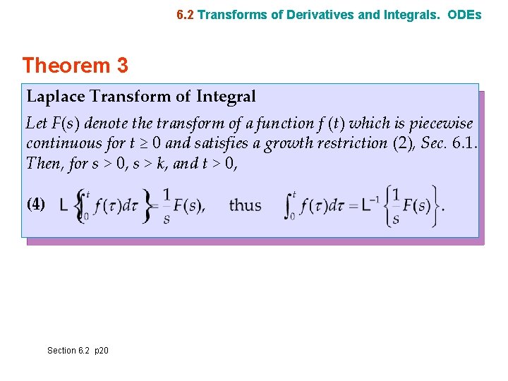 6. 2 Transforms of Derivatives and Integrals. ODEs Theorem 3 Laplace Transform of Integral