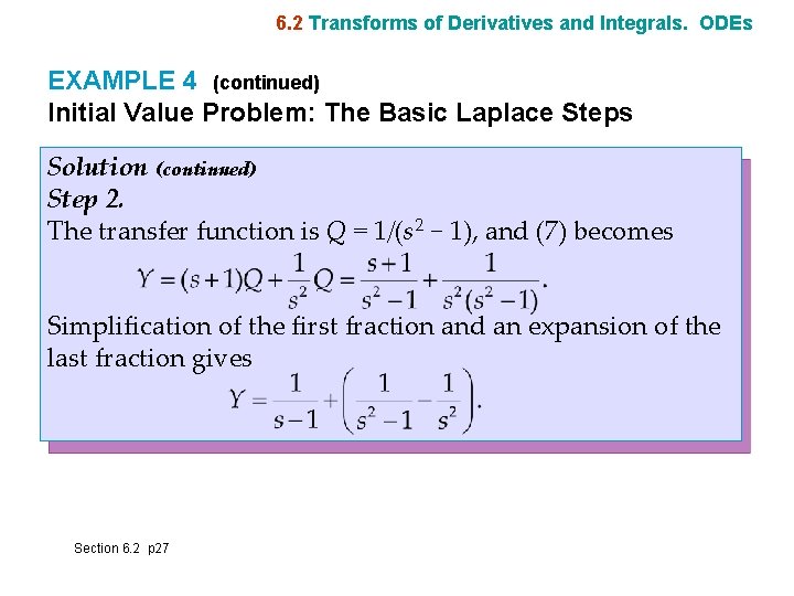6. 2 Transforms of Derivatives and Integrals. ODEs EXAMPLE 4 (continued) Initial Value Problem: