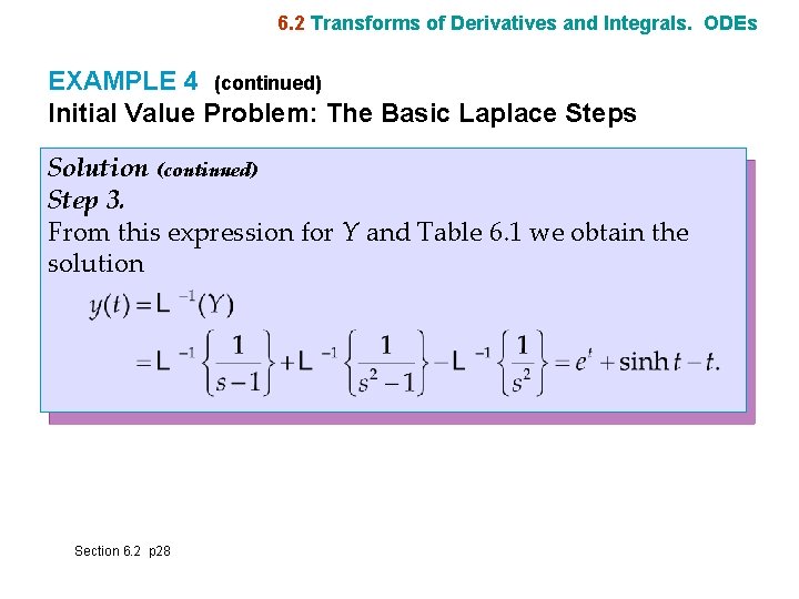 6. 2 Transforms of Derivatives and Integrals. ODEs EXAMPLE 4 (continued) Initial Value Problem: