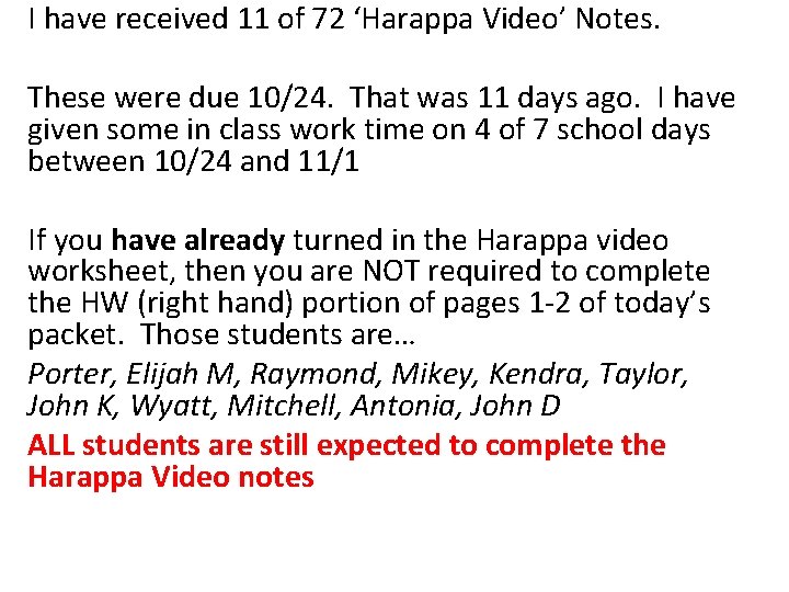 I have received 11 of 72 ‘Harappa Video’ Notes. These were due 10/24. That