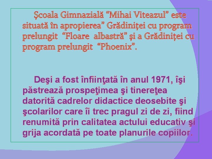 Şcoala Gimnazială “Mihai Viteazul” este situată în apropierea” Grădiniţei cu program prelungit “Floare albastră”