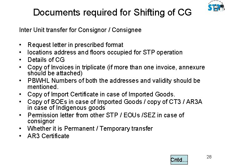 Documents required for Shifting of CG Inter Unit transfer for Consignor / Consignee •