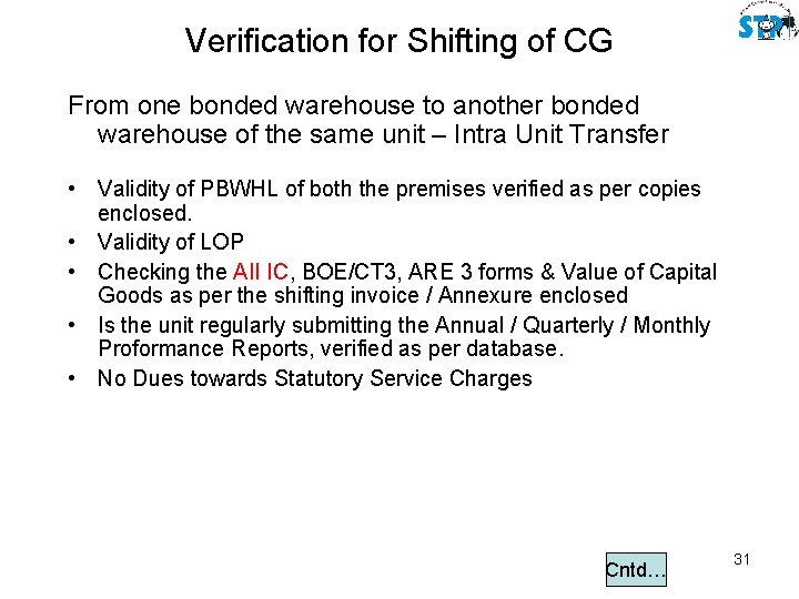 Verification for Shifting of CG From one bonded warehouse to another bonded warehouse of