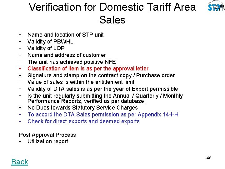 Verification for Domestic Tariff Area Sales • • • • Name and location of