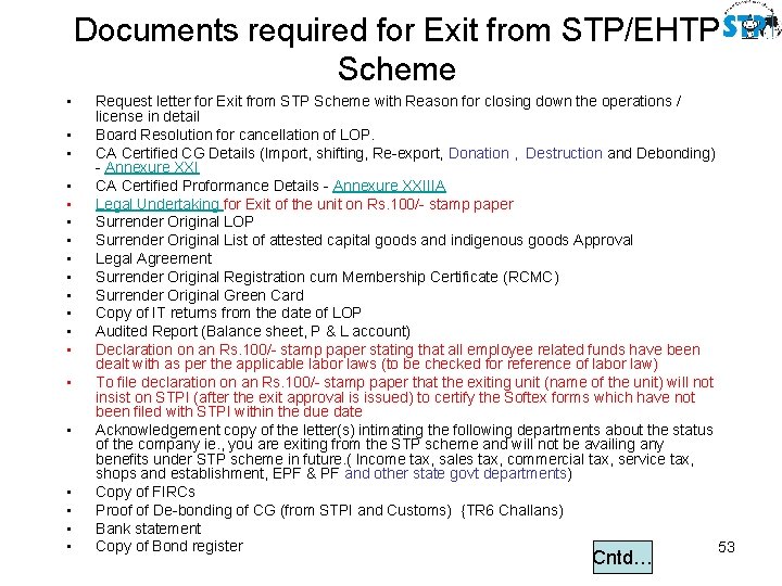Documents required for Exit from STP/EHTP Scheme • • • • • Request letter