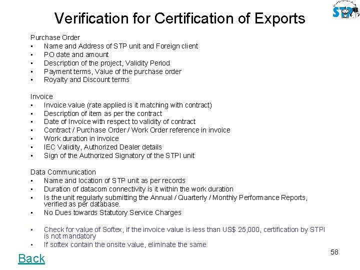 Verification for Certification of Exports Purchase Order • Name and Address of STP unit