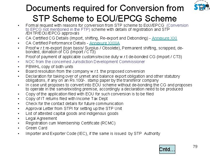  • • • • • Documents required for Conversion from STP Scheme to